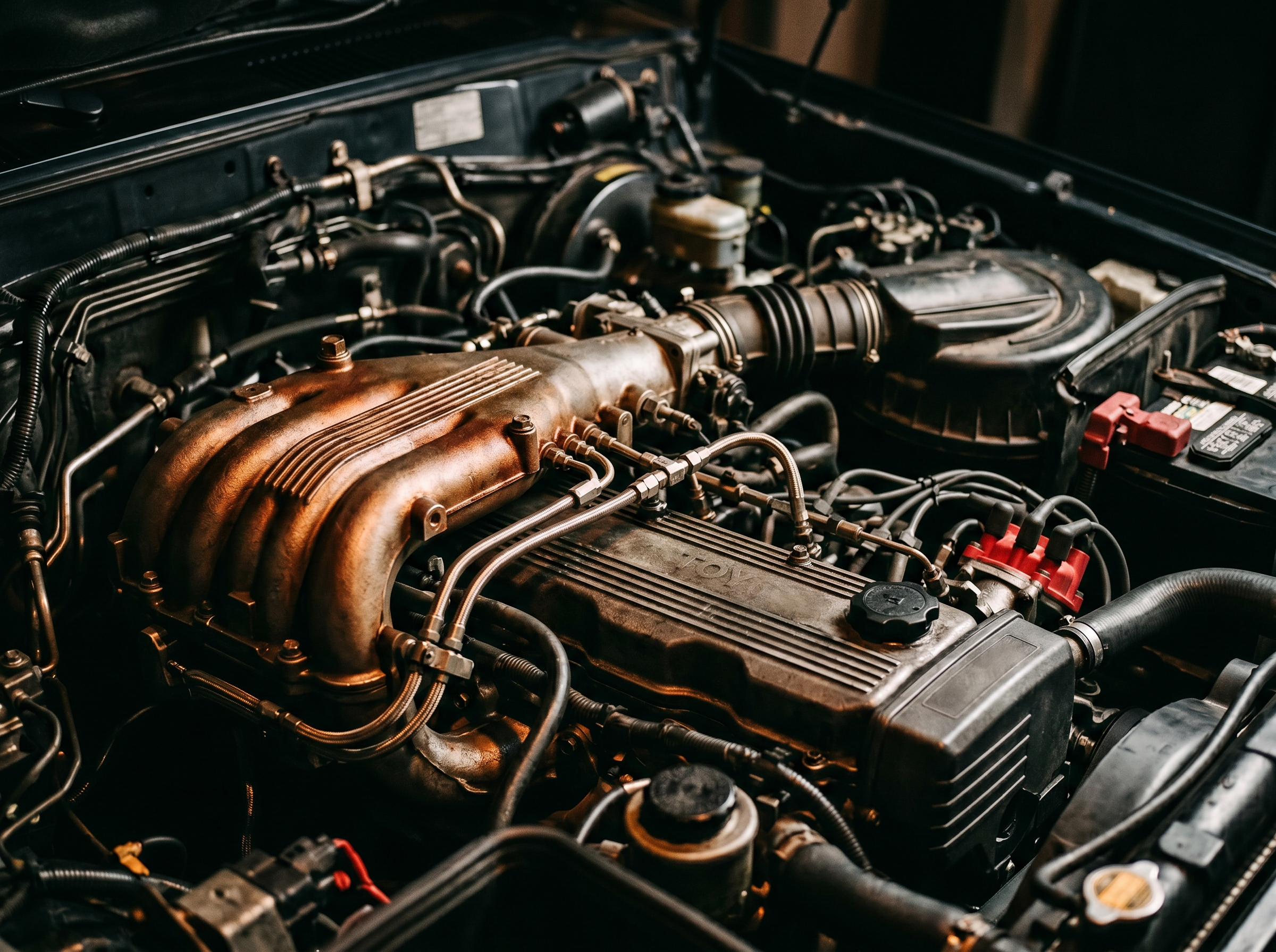 A clean, well-maintained 1FZ-FE inline-six engine bay