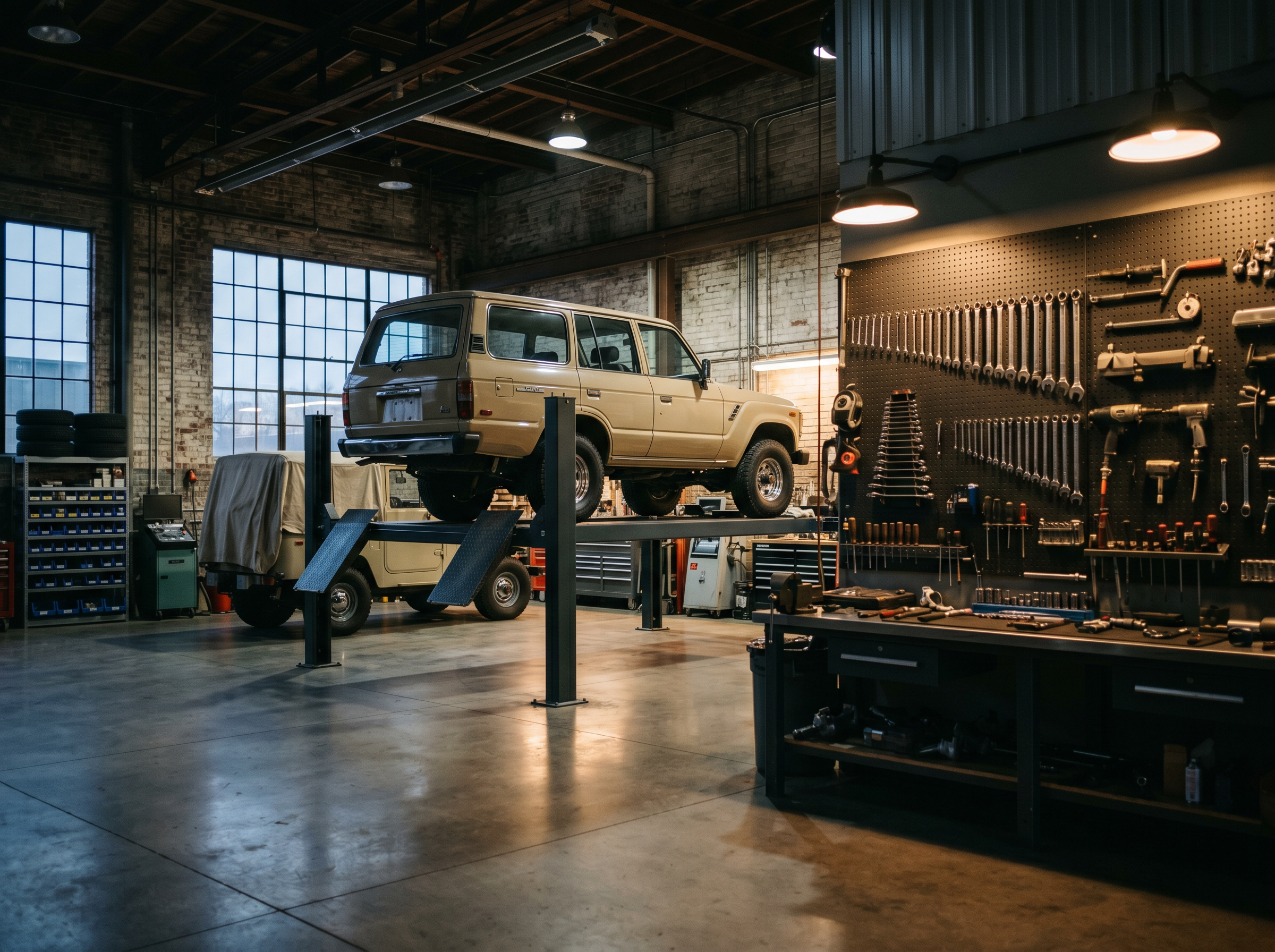 Inside a professional Land Cruiser restoration workshop